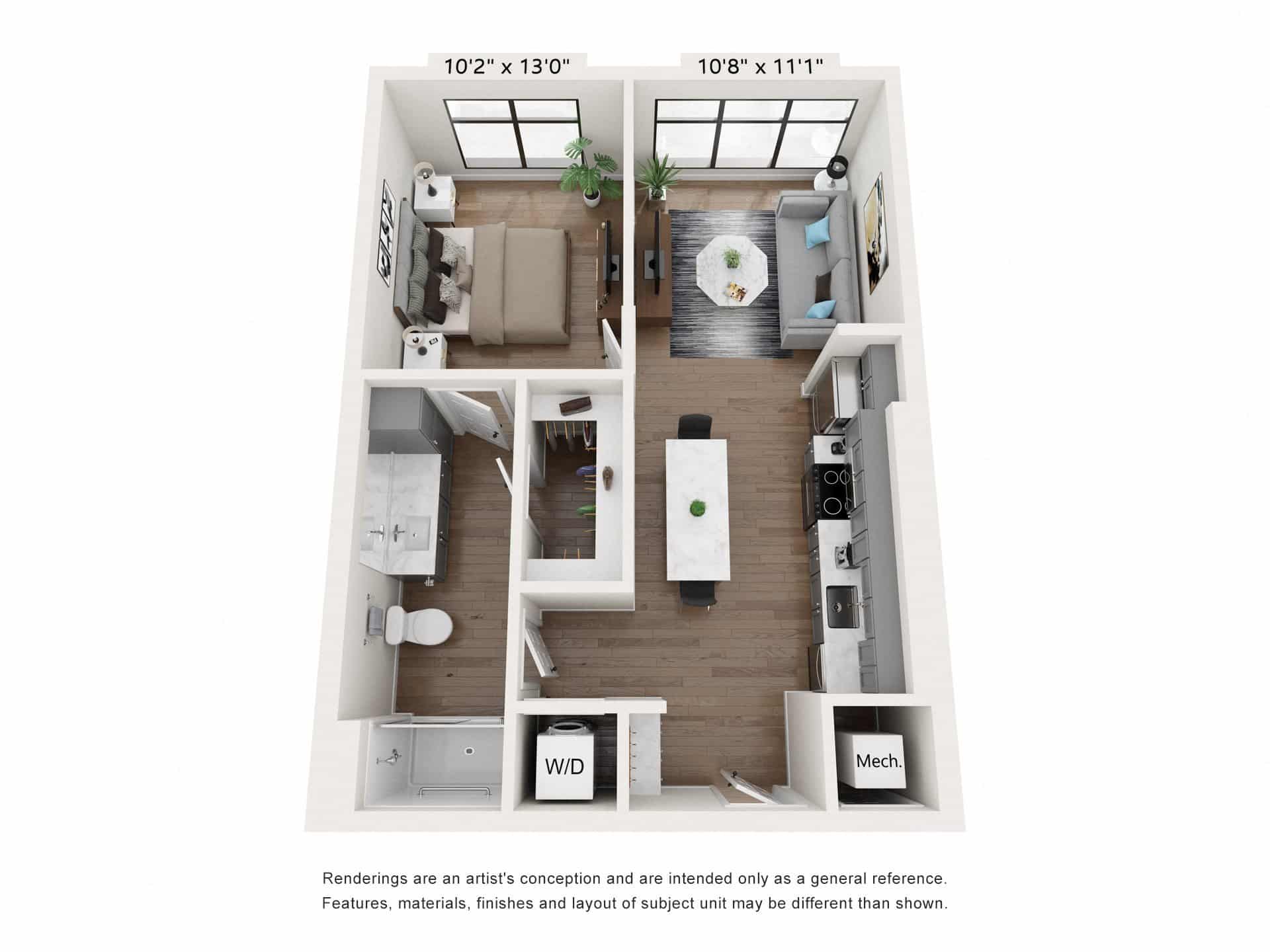 A 3D image of the A1 – Affordable floorplan, a 663 squarefoot, 1 bed / 1 bath unit