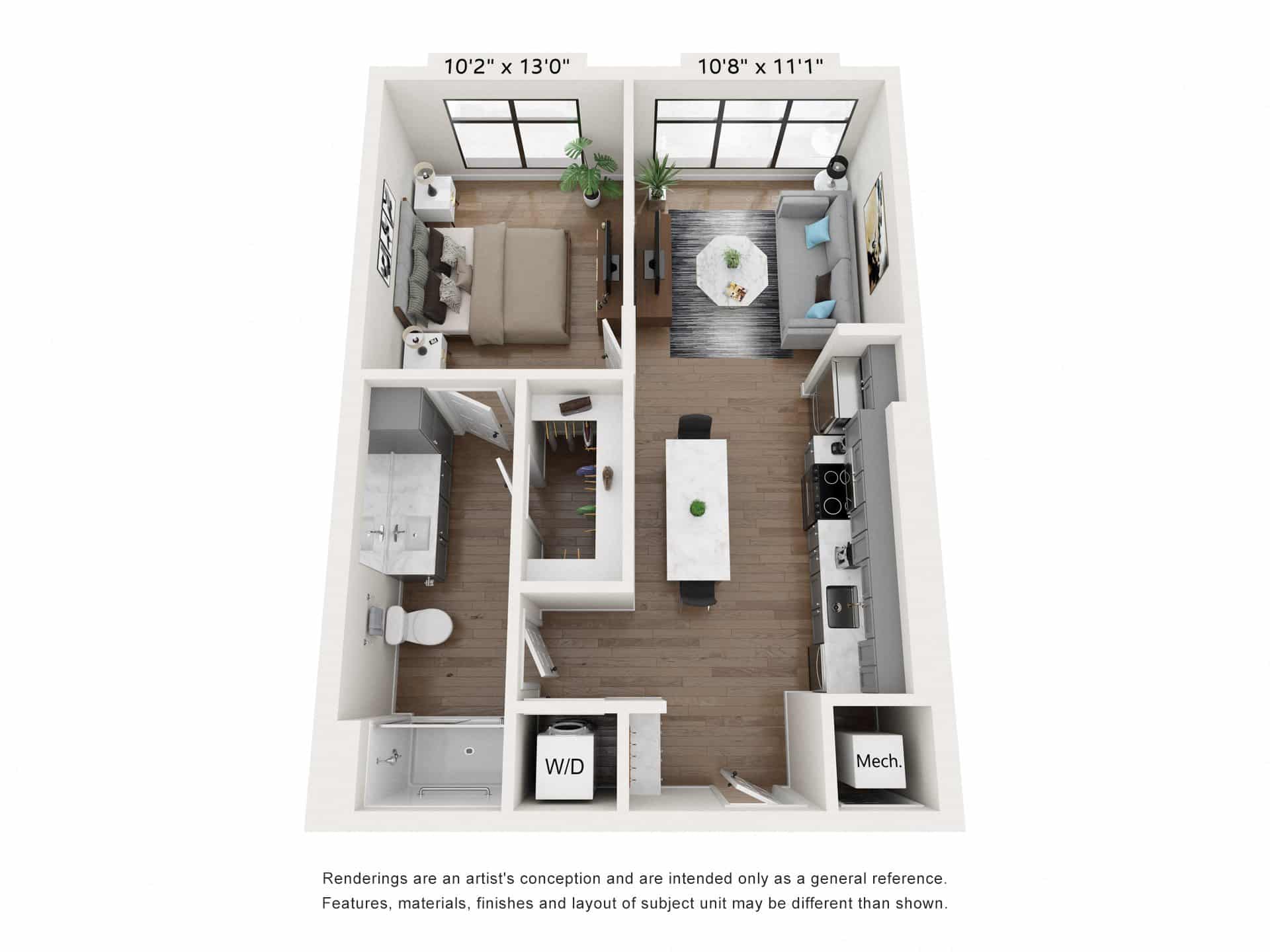 A 3D image of the A1 floorplan, a 663 squarefoot, 1 bed / 1 bath unit