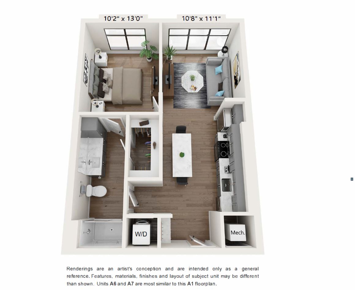 A 3D image of the A7 – Affordable floorplan, a 713 squarefoot, 1 bed / 1 bath unit