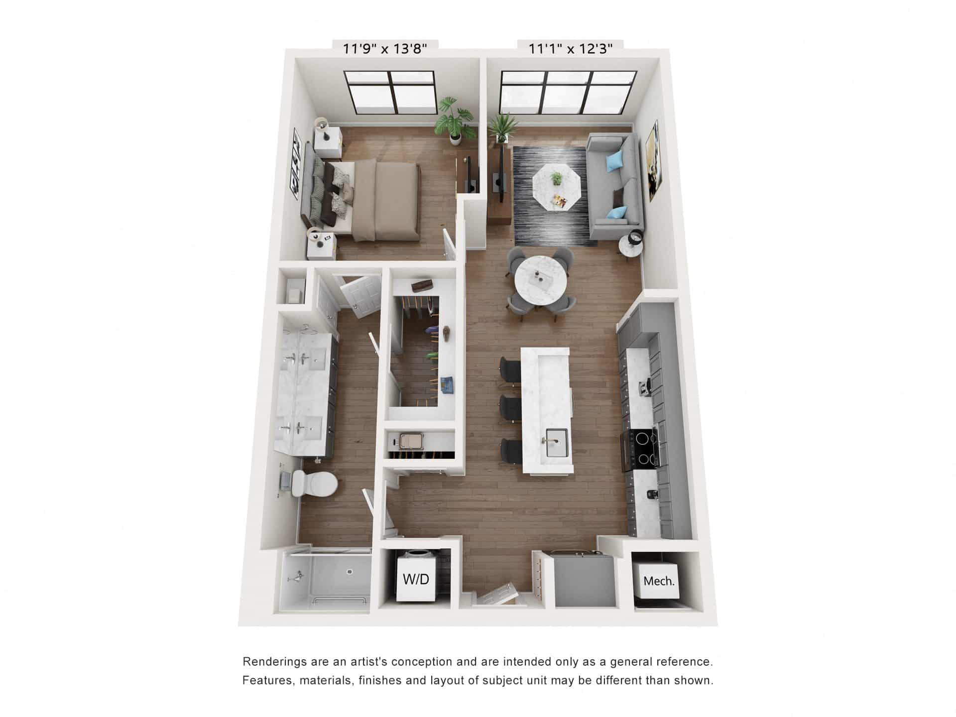 A 3D image of the A3 floorplan, a 819 squarefoot, 1 bed / 1 bath unit