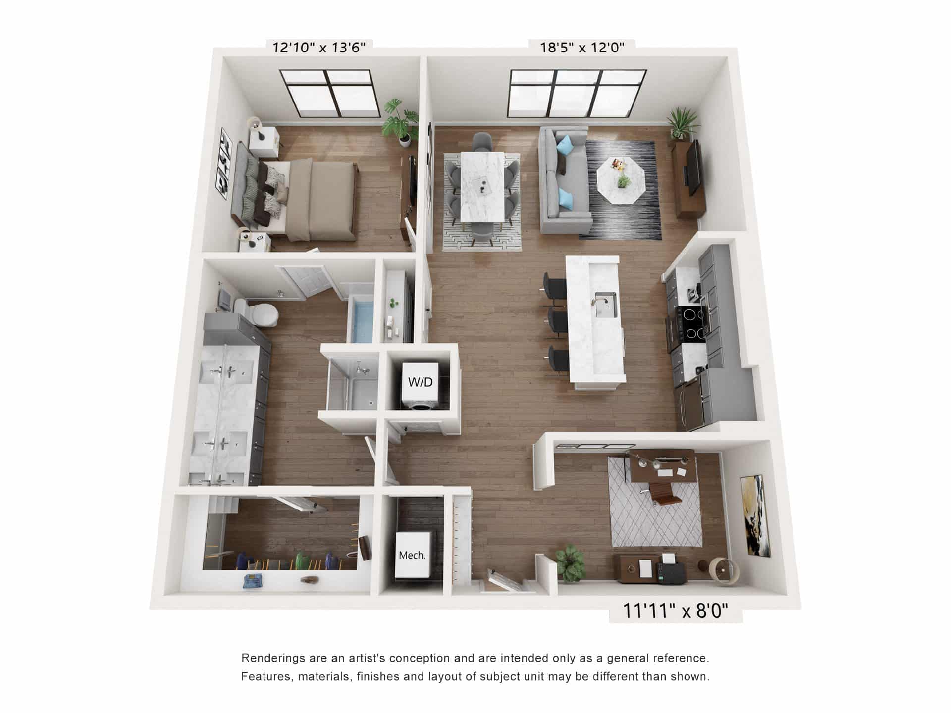 A 3D image of the A4 floorplan, a 1084 squarefoot, 1 bed / 1 bath unit