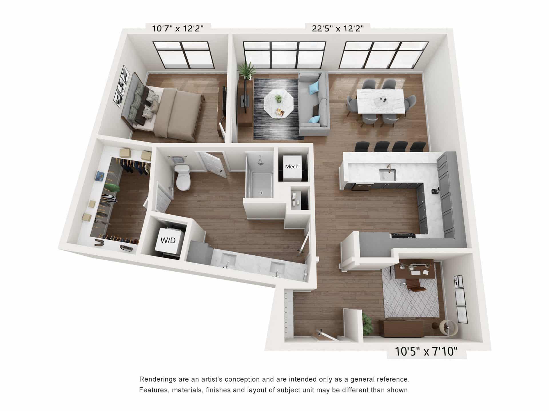 A 3D image of the A5 floorplan, a 1049 squarefoot, 1 bed / 1 bath unit