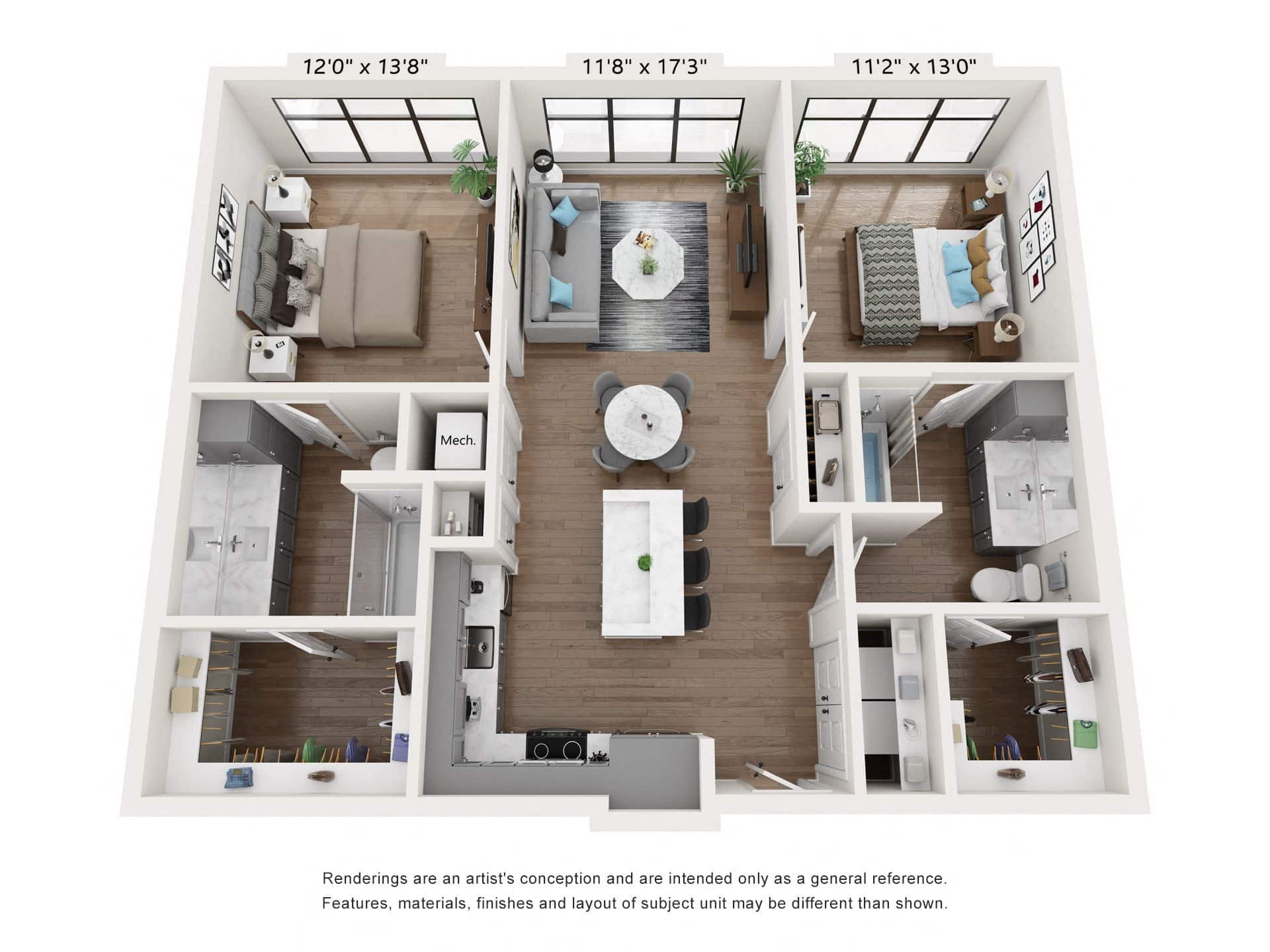 A 3D image of the B1 – Affordable floorplan, a 1166 squarefoot, 2 bed / 2 bath unit