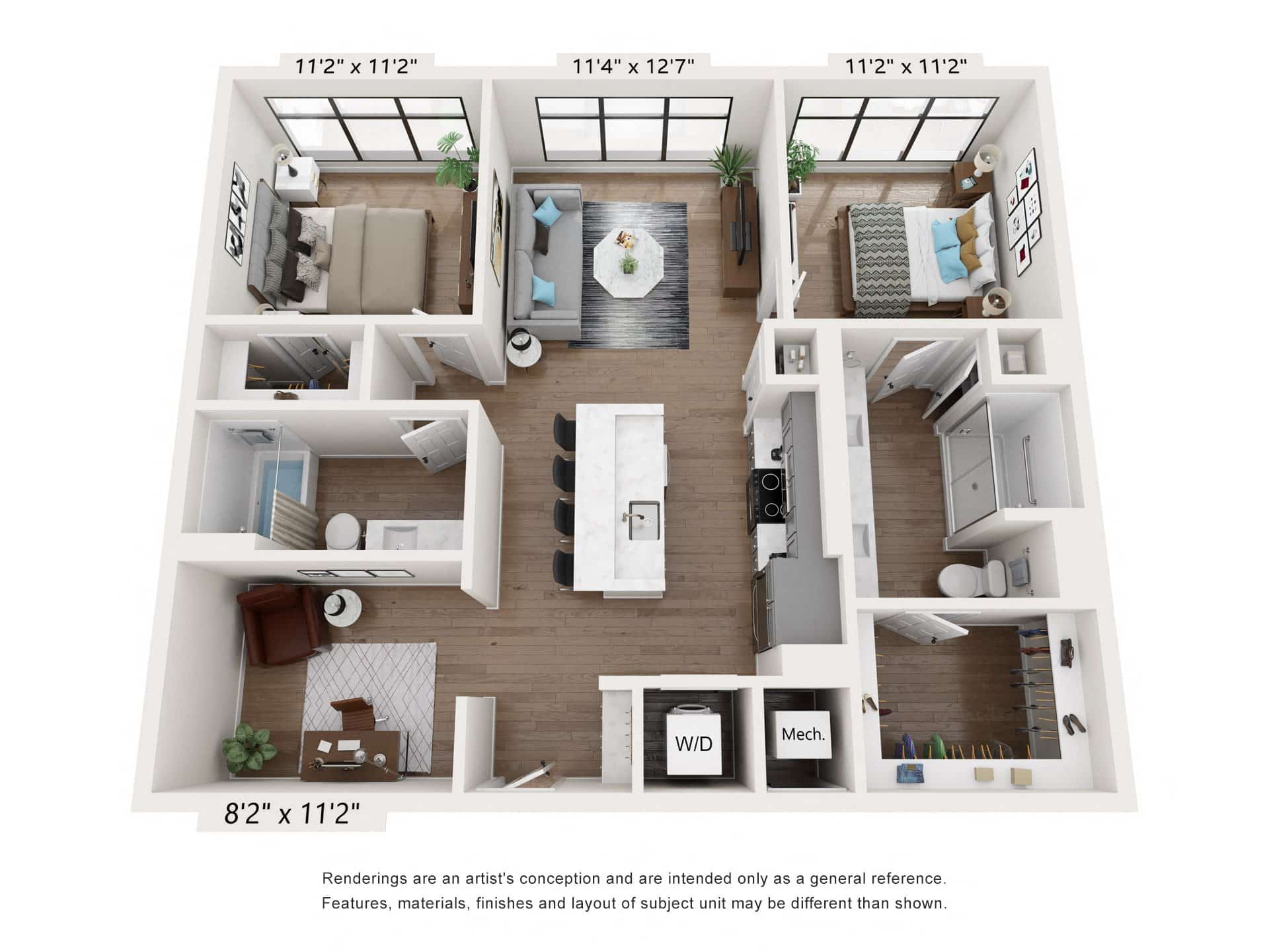 A 3D image of the B2 floorplan, a 1100 squarefoot, 2 bed / 2 bath unit