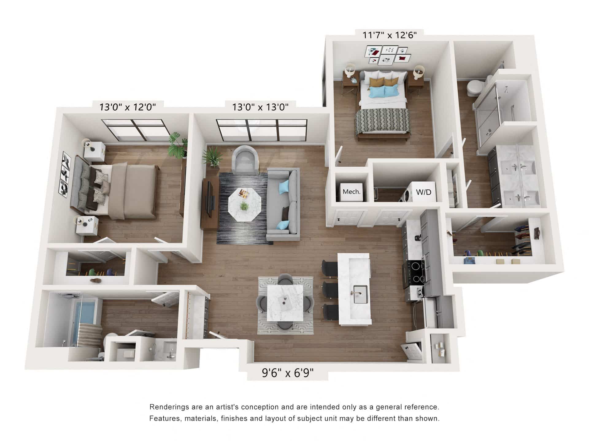 A 3D image of the B3 – Affordable floorplan, a 1295 squarefoot, 2 bed / 2 bath unit