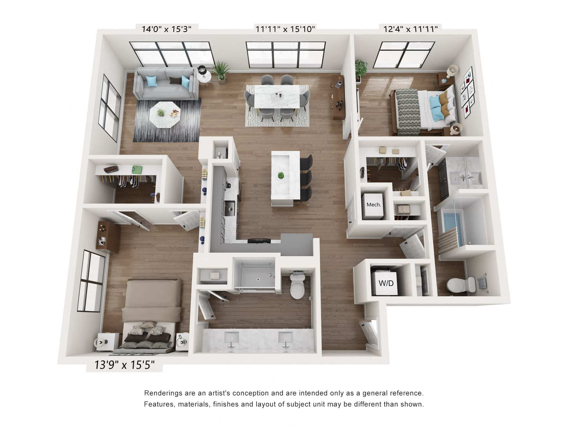 A 3D image of the B4 – Affordable floorplan, a 1326 squarefoot, 2 bed / 2 bath unit