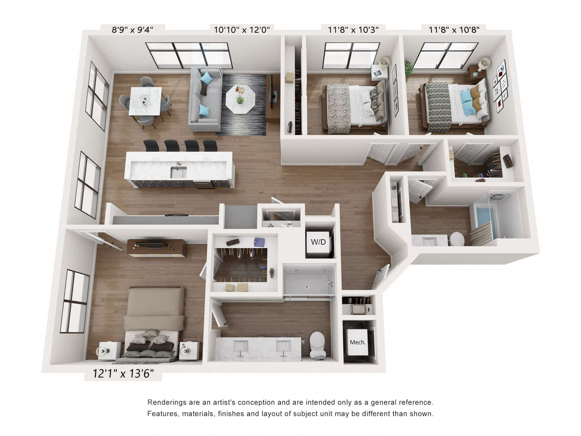 A 3D image of the C1 floorplan, a 1374 squarefoot, 3 bed / 2 bath unit