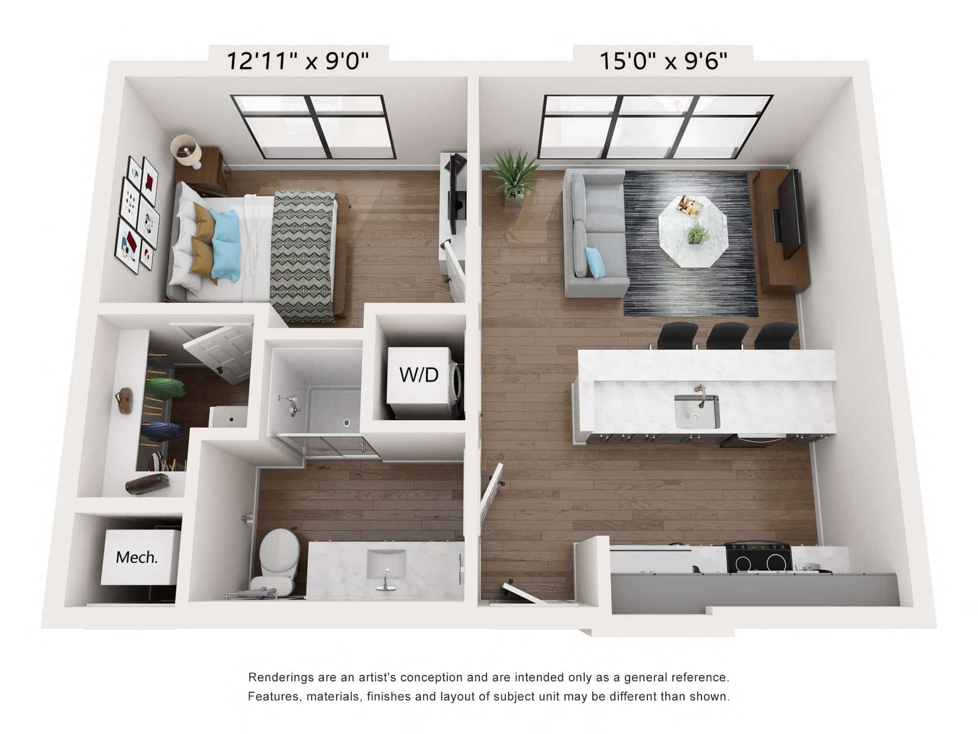 A 3D image of the A8 – Affordable floorplan, a 600 squarefoot, 1 bed / 1 bath unit