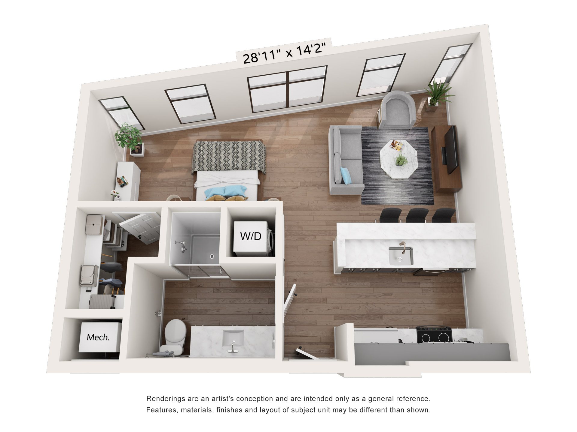 A 3D image of the S2 floorplan, a 593 squarefoot, 0 bed / 1 bath unit